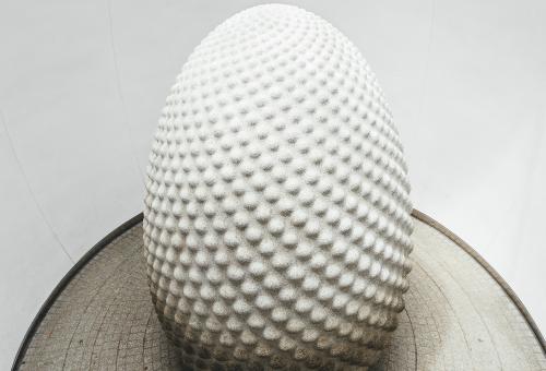 A view of the seed sculpture from above looking down. The seed is a round egg shape with raised dots on the surface